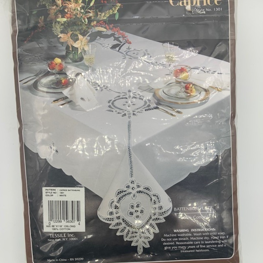 Vintage NOS Battenburg Lace Tablecloth 66x118 12 Napkins White Cotton Tessile